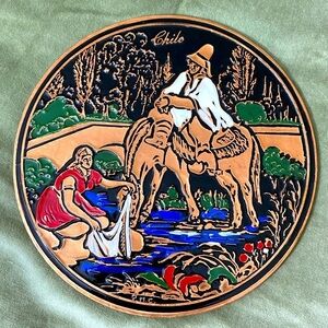 Vintage Copper Hammered woman horses washing Scene Chile Embossed Wall Art OSP